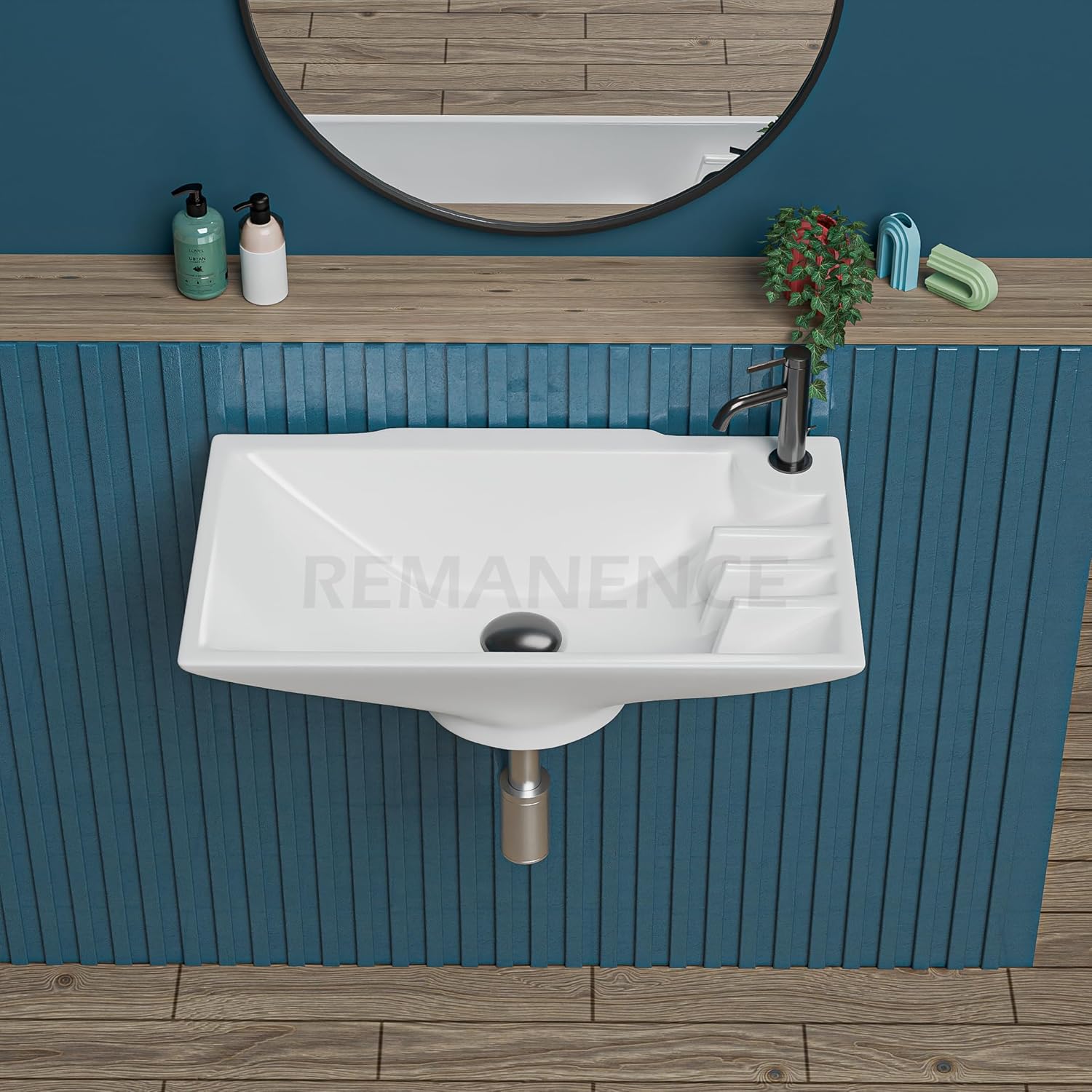 REMANENCE-CIPLA Ceramic Wall Mounted Wash Basin for Compact Bathrooms, Restaurants & Cafés, Office Washrooms (16 x 9 x 5 Inch) (White)