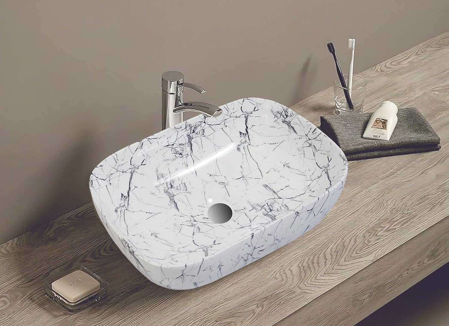 REMANENCE Designer Premium Table Top Wash Basin for Designer Showrooms, Fine-Dining Establishments, Upscale Hospitality Venues (18 x 13 x 5.5 Inch) (White-Black)