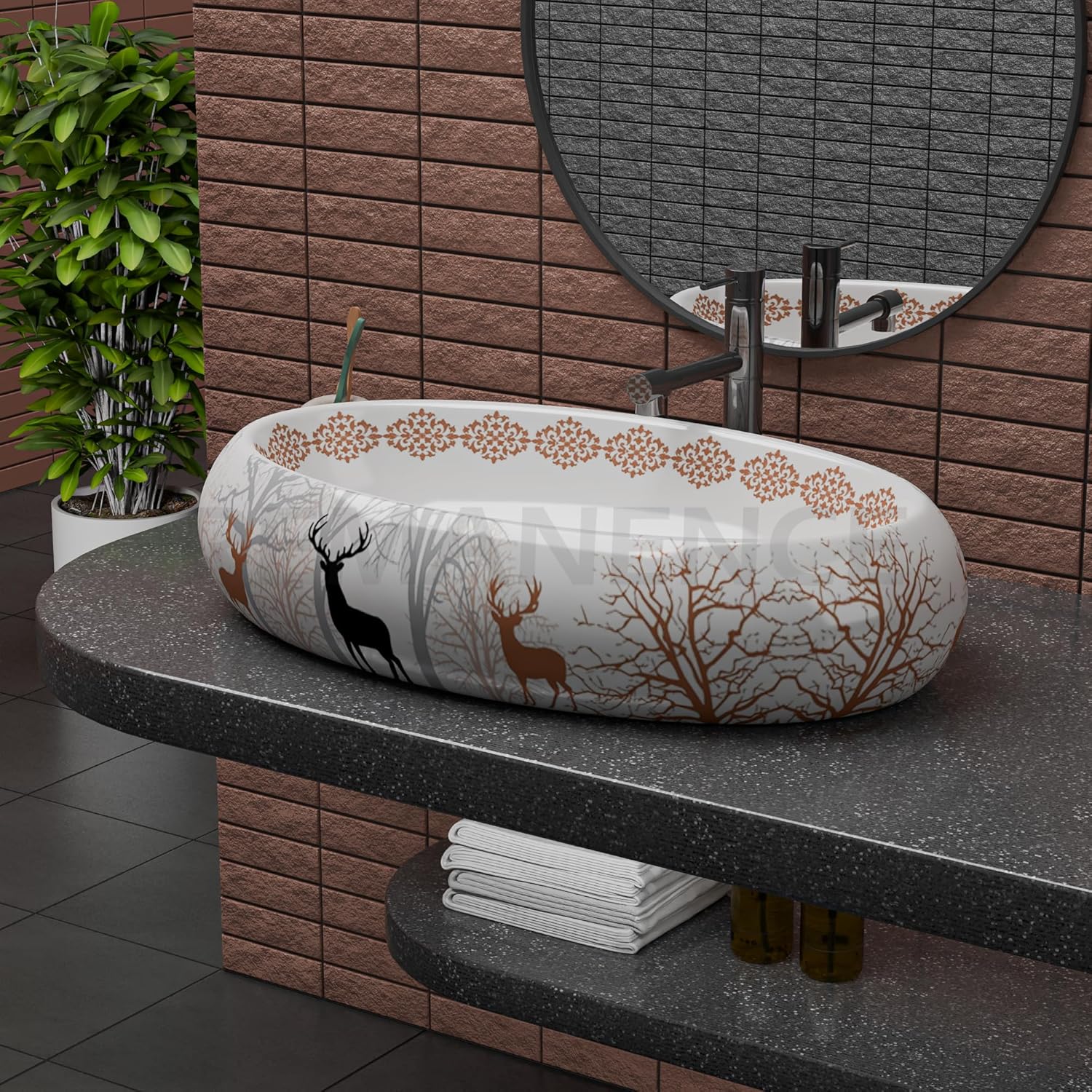 REMANENCE-ROUND Premium Countertop Wash Basin for Luxury Bathrooms, Boutique Hotels & Resorts, Premium Restaurants & Cafés (24 X 16 X 6 Inch) (RED DEER ANIMAL)