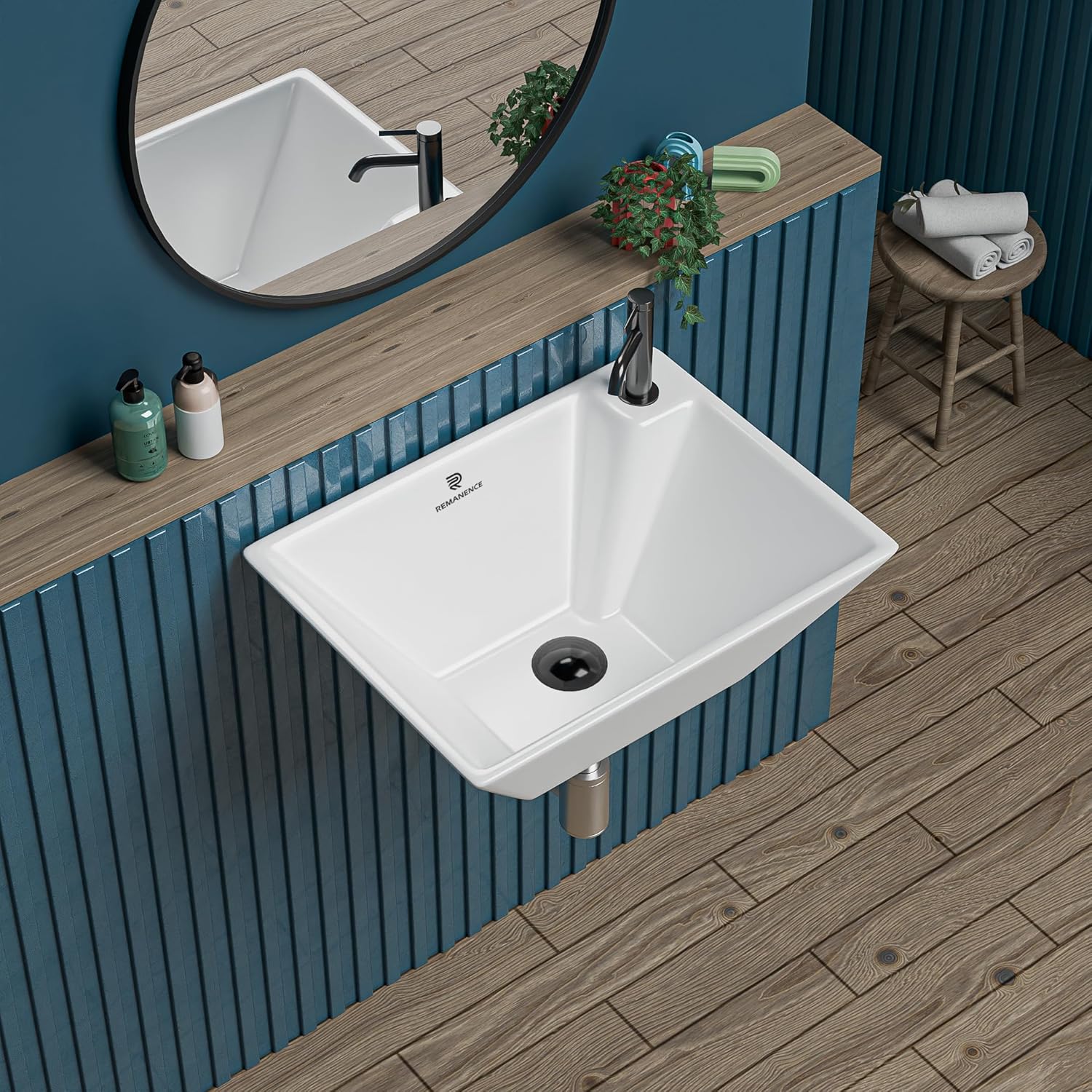 REMANENCE-SAGA Ceramic Wall Mounted Wash Basin for Compact Bathrooms, Restaurants & Cafés, Office Washrooms (14 x 10 x 5 Inch) (White)