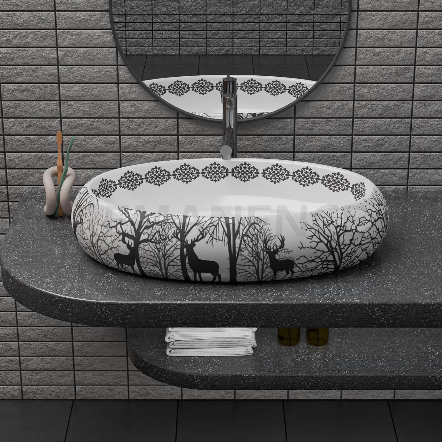 REMANENCE-ROUND Premium Countertop Wash Basin for Luxury Bathrooms, Boutique Hotels & Resorts, Premium Restaurants & Cafés (24 X 16 X 6 Inch) (BLACK DEER ANIMAL)