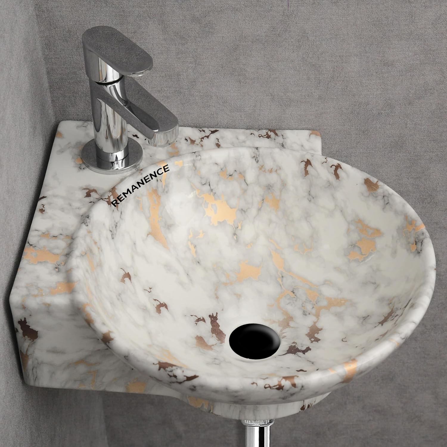 REMANENCE-ROUND Designer Wall Mounted Small Corner Wash Basin for Bathroom (16.3 x 13.8 x 4.3 Inch)