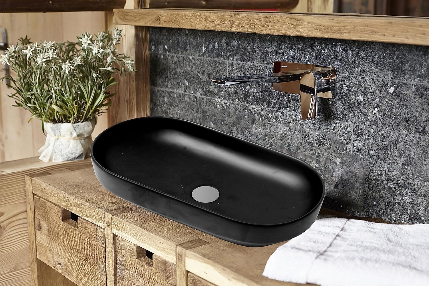 REMANENCE Premium Designer Countertop Wash Basin for Premium Restaurants & Cafés, Luxury Bathrooms, Boutique Hotels & Resorts (28 x 14 x 5.5 Inch) (Black)