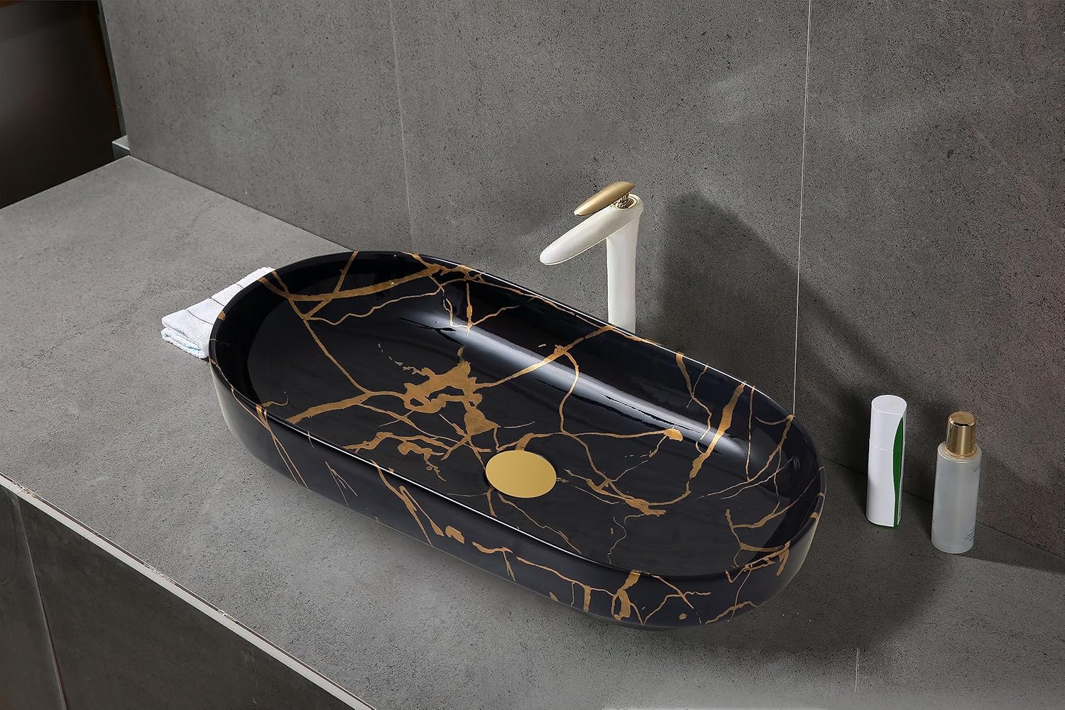 REMANENCE Premium Designer Countertop Wash Basin for Premium Restaurants & Cafés, Luxury Bathrooms, Boutique Hotels & Resorts (28 x 14 x 5.5 Inch) (Black Gold)