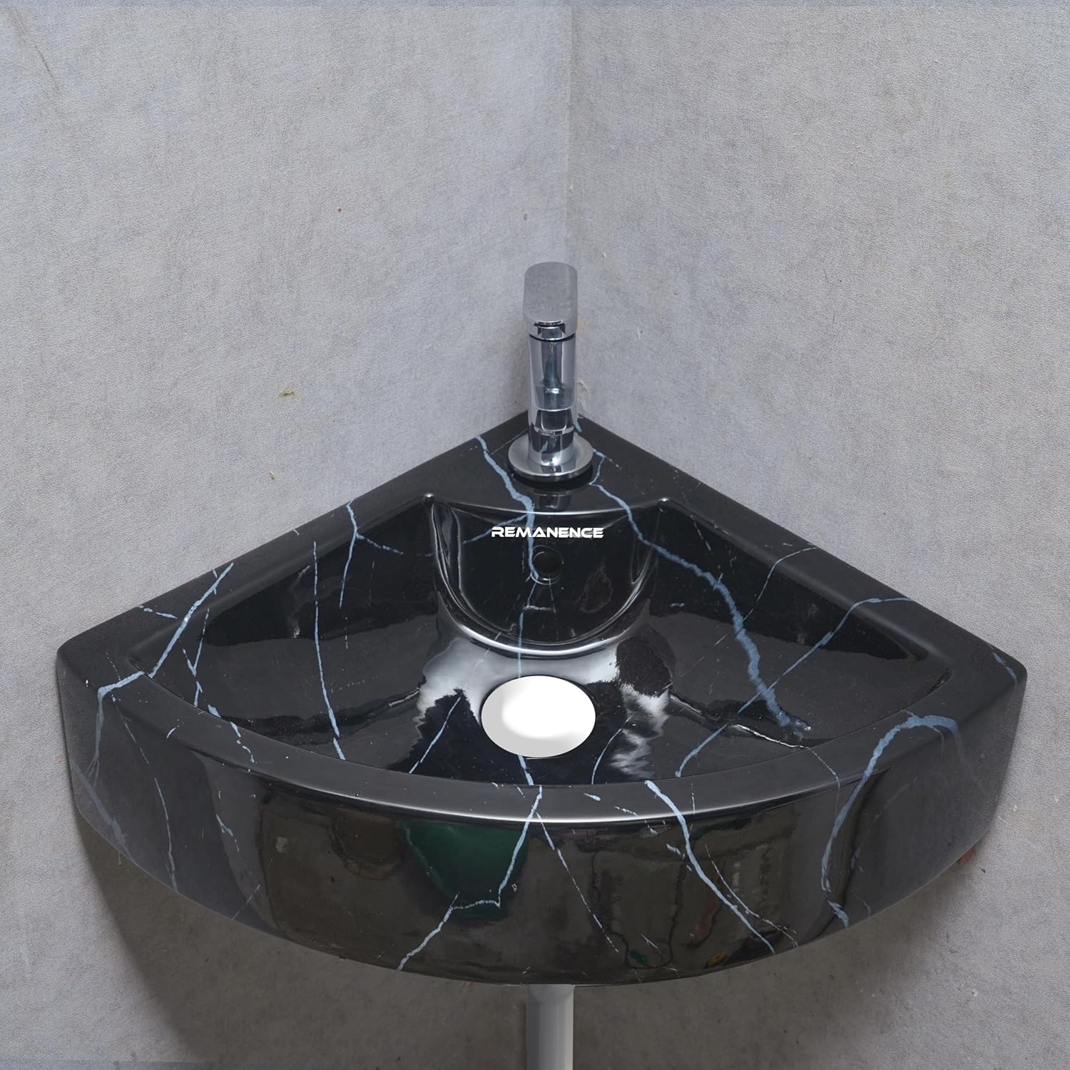 REMANENCE Ceramic Designer Wall Mounted Corner Wash Basin (20.4 x 15 x 6 Inch)