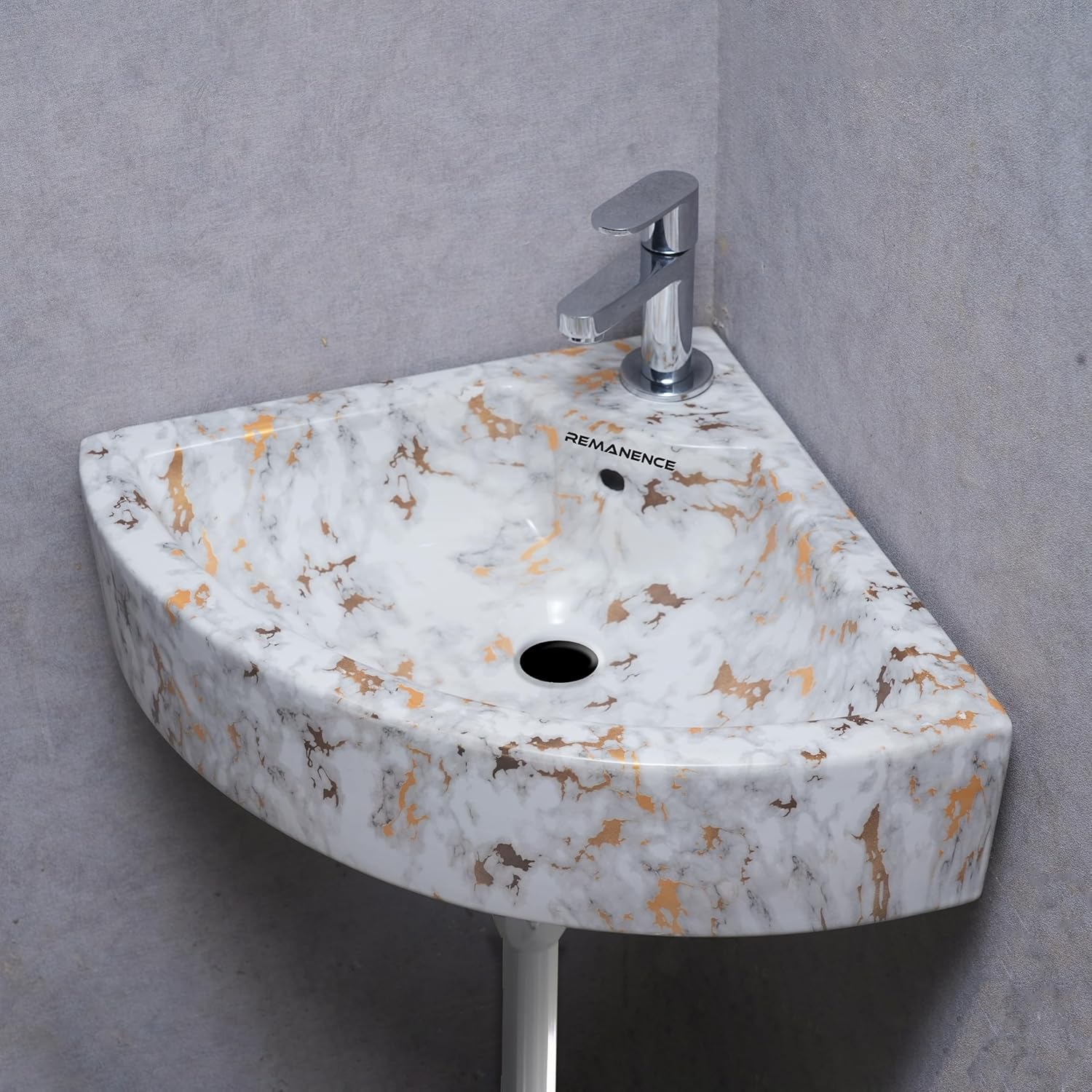 REMANENCE Ceramic Designer Wall Mounted Corner Wash Basin (20.4 x 15 x 6 Inch)