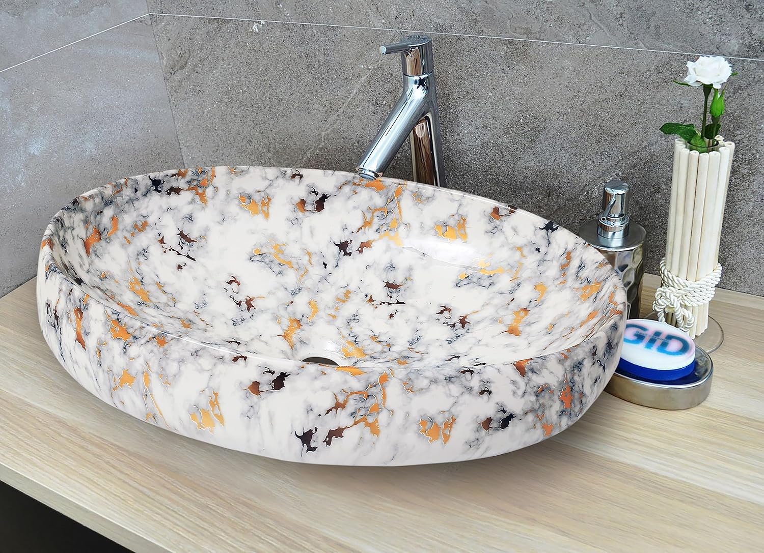 REMANENCE Ceramic Countertop Wash Basin for Designer Bathroom, Boutique Hotels, Luxury Homes (24 x 15 x 6 Inch) (Designer White Gold)