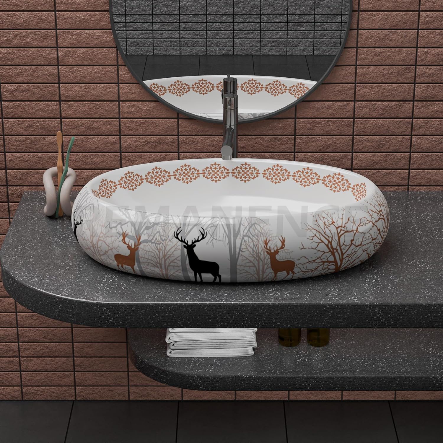 REMANENCE-ROUND Premium Countertop Wash Basin for Luxury Bathrooms, Boutique Hotels & Resorts, Premium Restaurants & Cafés (24 X 16 X 6 Inch) (RED DEER ANIMAL)