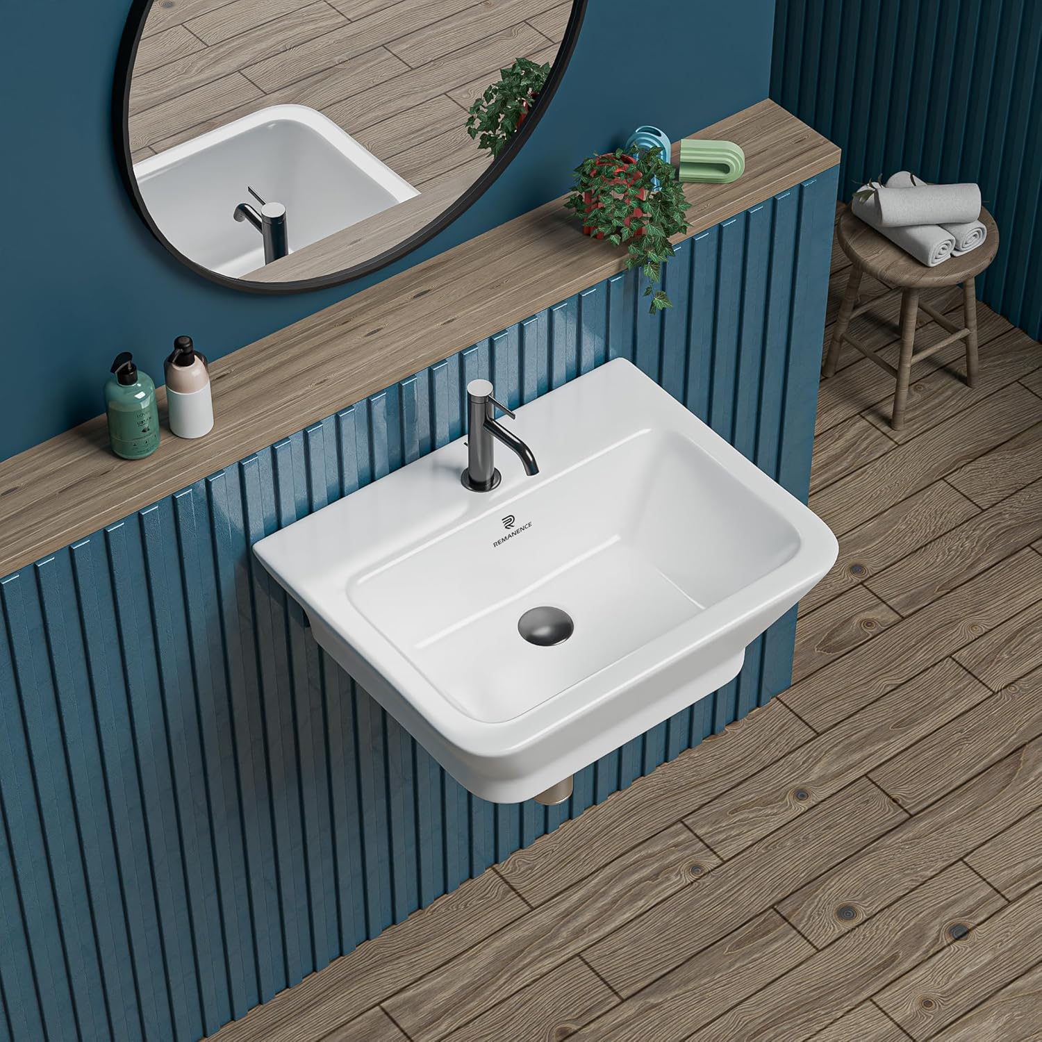 REMANENCE-HARIHAR Ceramic Wall Mounted Wash Basin for Compact Bathrooms, Restaurants & Cafés, Office Washrooms (15.7 x 13 x 6 Inch) (White)