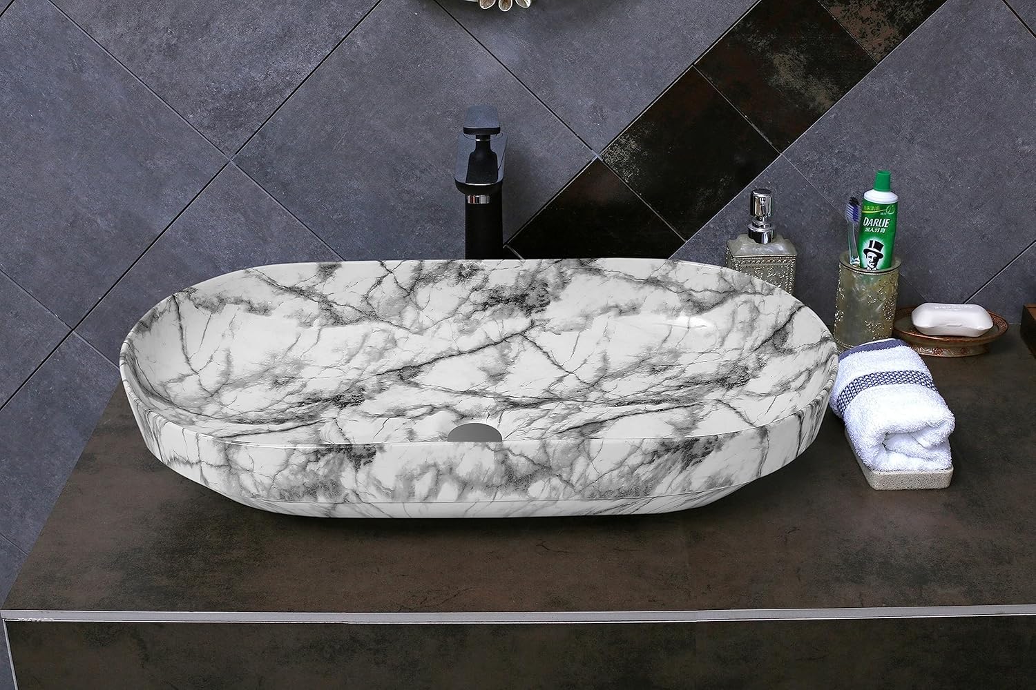 REMANENCE Premium Designer Countertop Wash Basin for Premium Restaurants & Cafés, Luxury Bathrooms, Boutique Hotels & Resorts (28 x 14 x 5.5 Inch) (White Black)