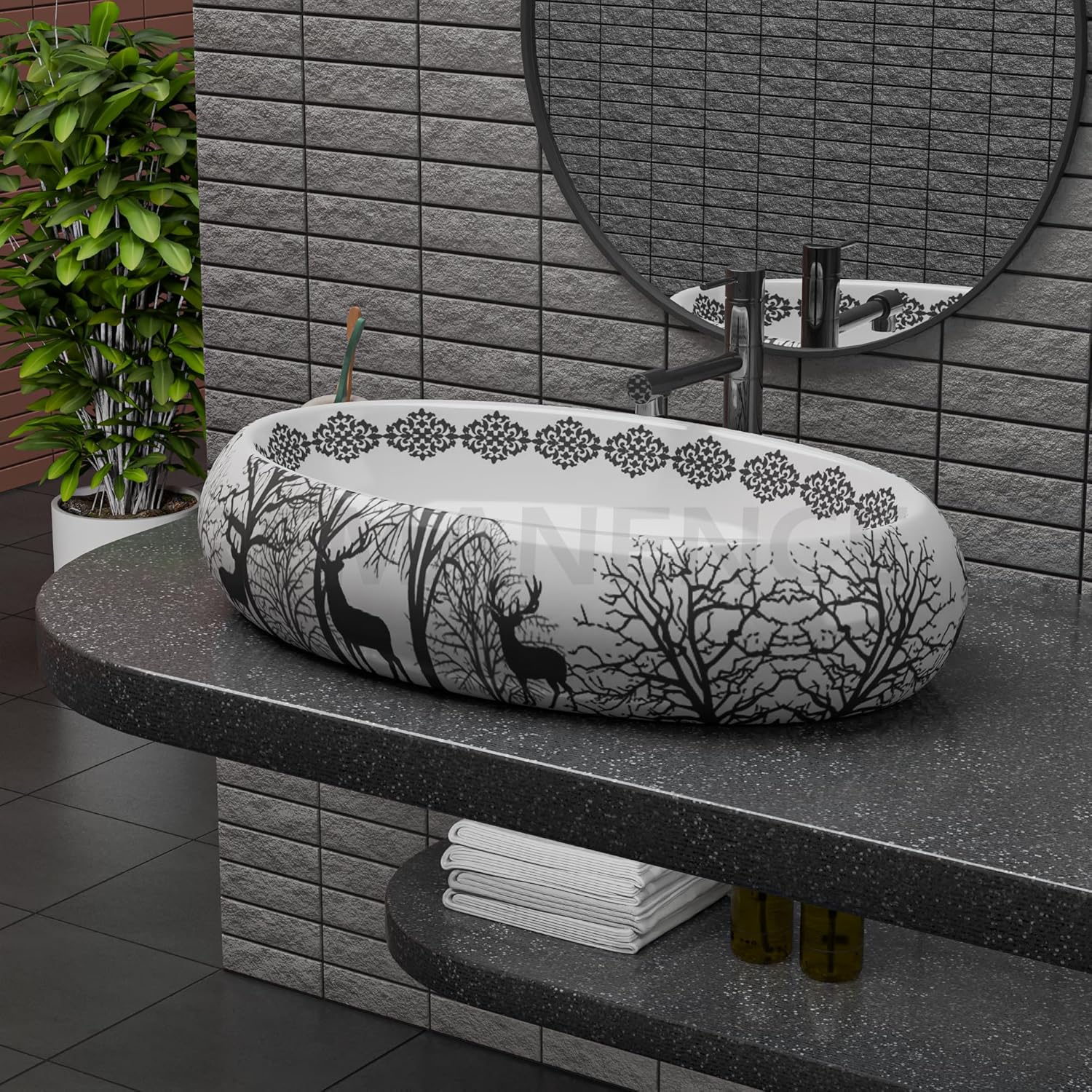 REMANENCE-ROUND Premium Countertop Wash Basin for Luxury Bathrooms, Boutique Hotels & Resorts, Premium Restaurants & Cafés (24 X 16 X 6 Inch) (BLACK DEER ANIMAL)