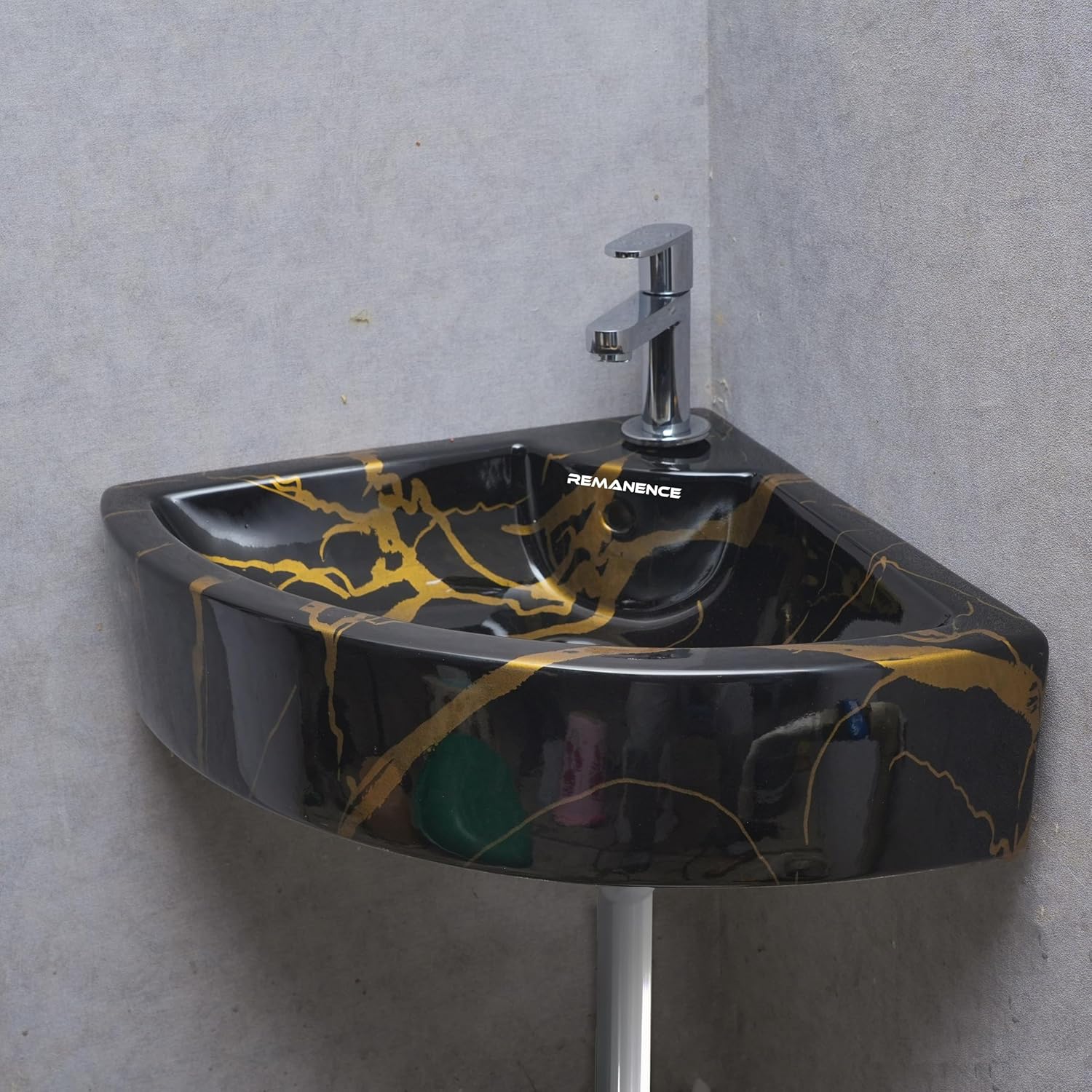 REMANENCE Ceramic Designer Wall Mounted Corner Wash Basin (20.4 x 15 x 6 Inch)