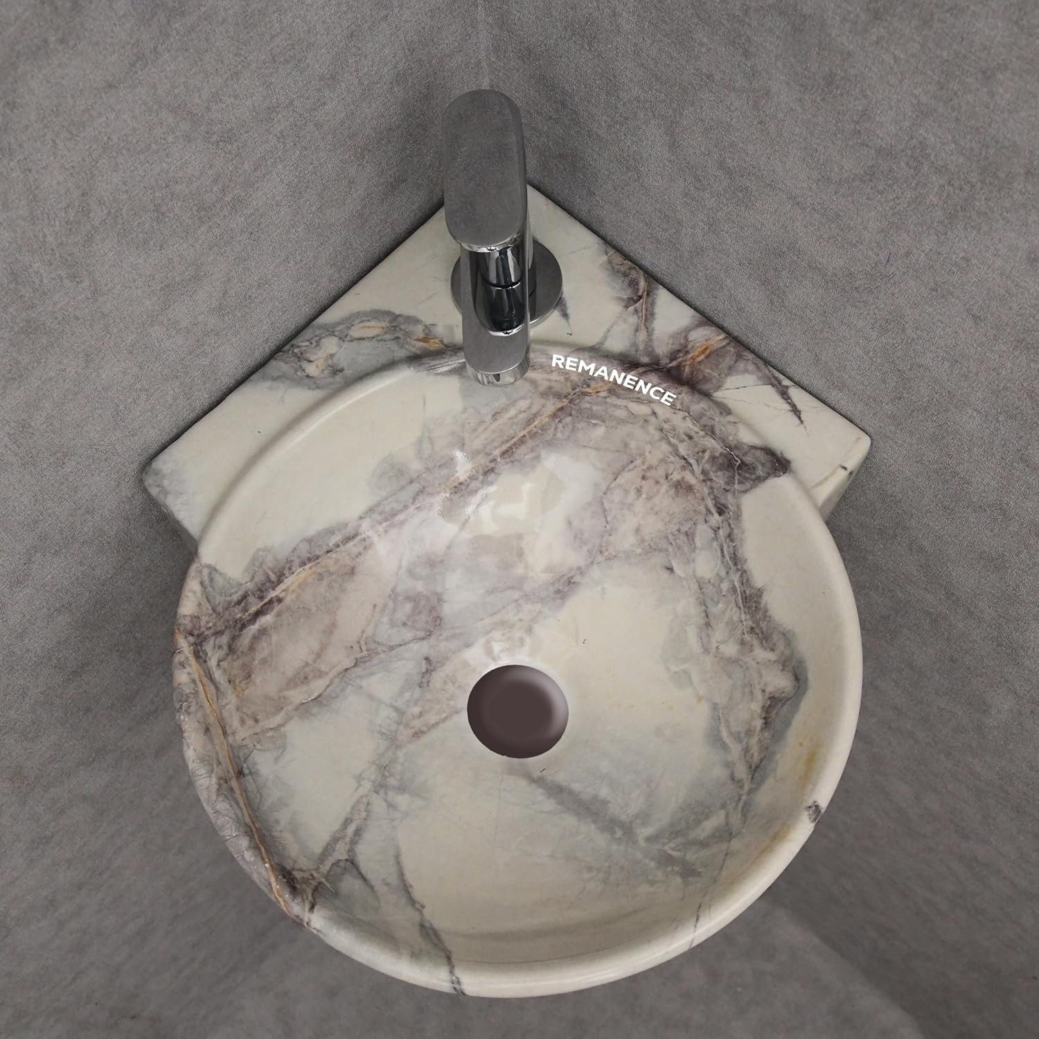 REMANENCE-ROUND Designer Wall Mounted Small Corner Wash Basin for Bathroom (16.3 x 13.8 x 4.3 Inch)