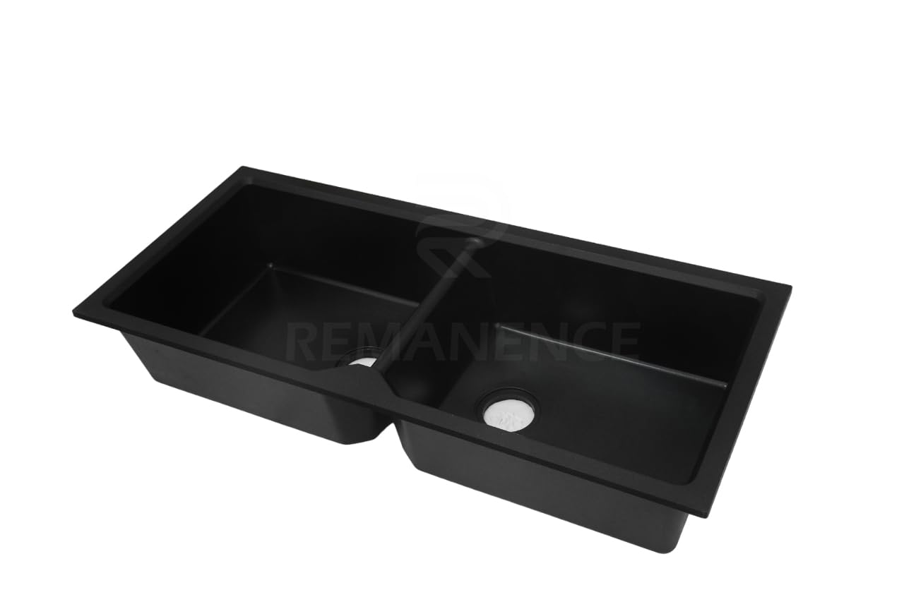 REMANENCE Granite Quartz Double Bowl Kitchen Sink With Drain Board (45 x 20 x 9 Inch) (Black)