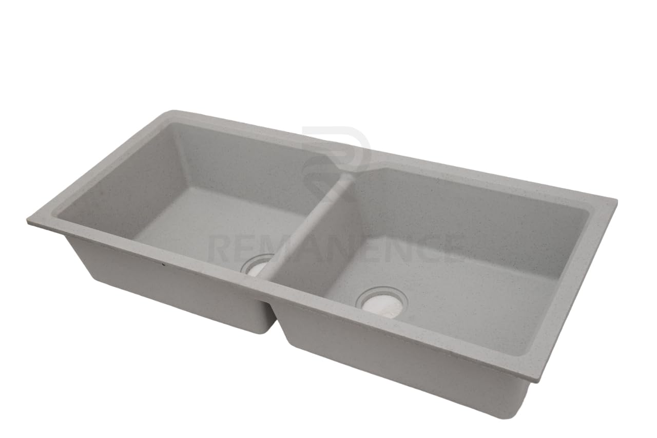 REMANENCE Granite Quartz Double Bowl Kitchen Sink With Drain Board (45 x 20 x 9 Inch) (Grey Sand)