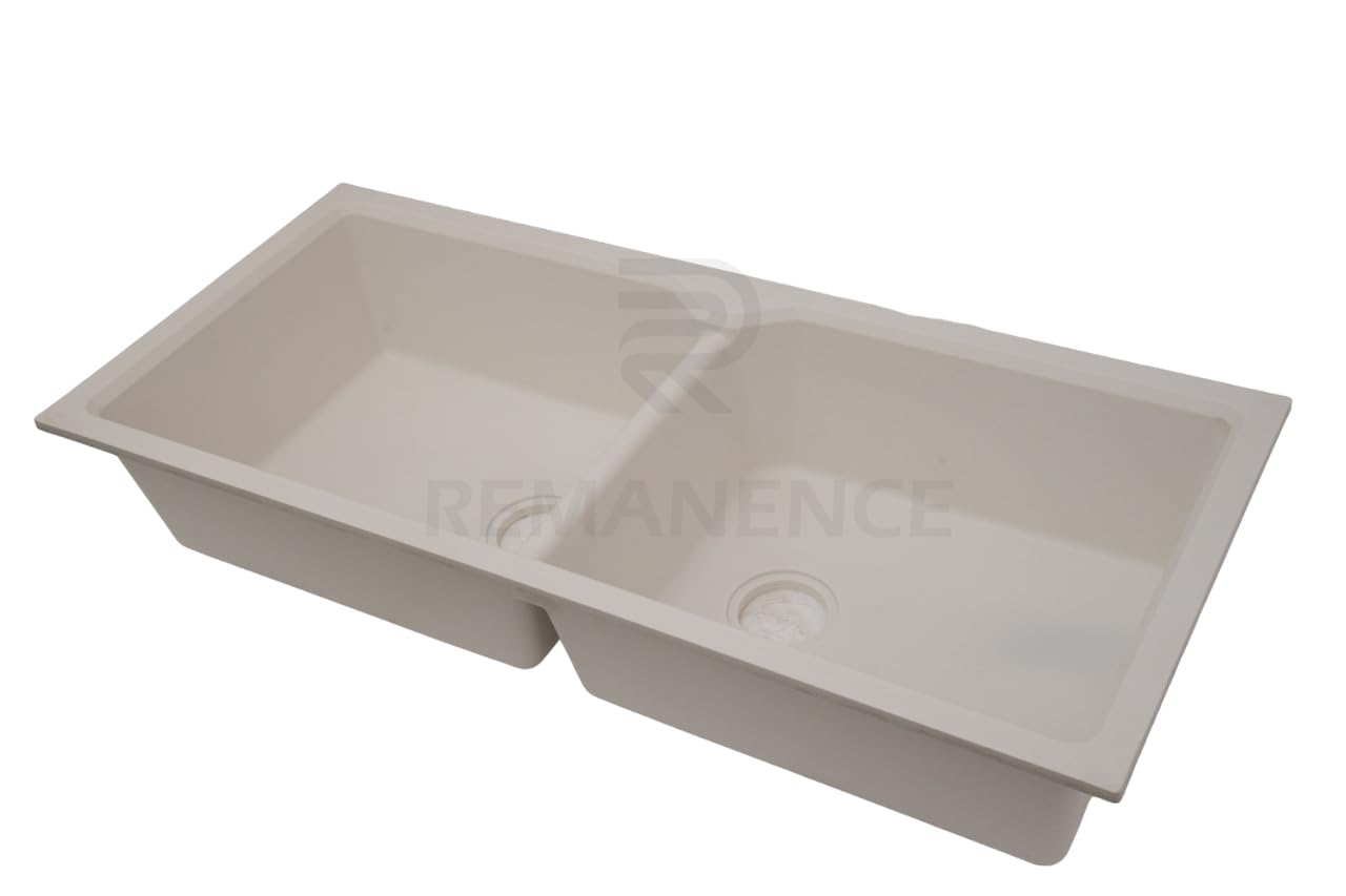 REMANENCE Granite Quartz Double Bowl Kitchen Sink With Drain Board (45 x 20 x 9 Inch) (White)