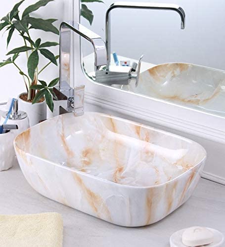 REMANENCE Designer Premium Table Top Wash Basin for Designer Showrooms, Fine-Dining Establishments, Upscale Hospitality Venues (18 x 13 x 5.5 Inch) (White-Cream Strip)