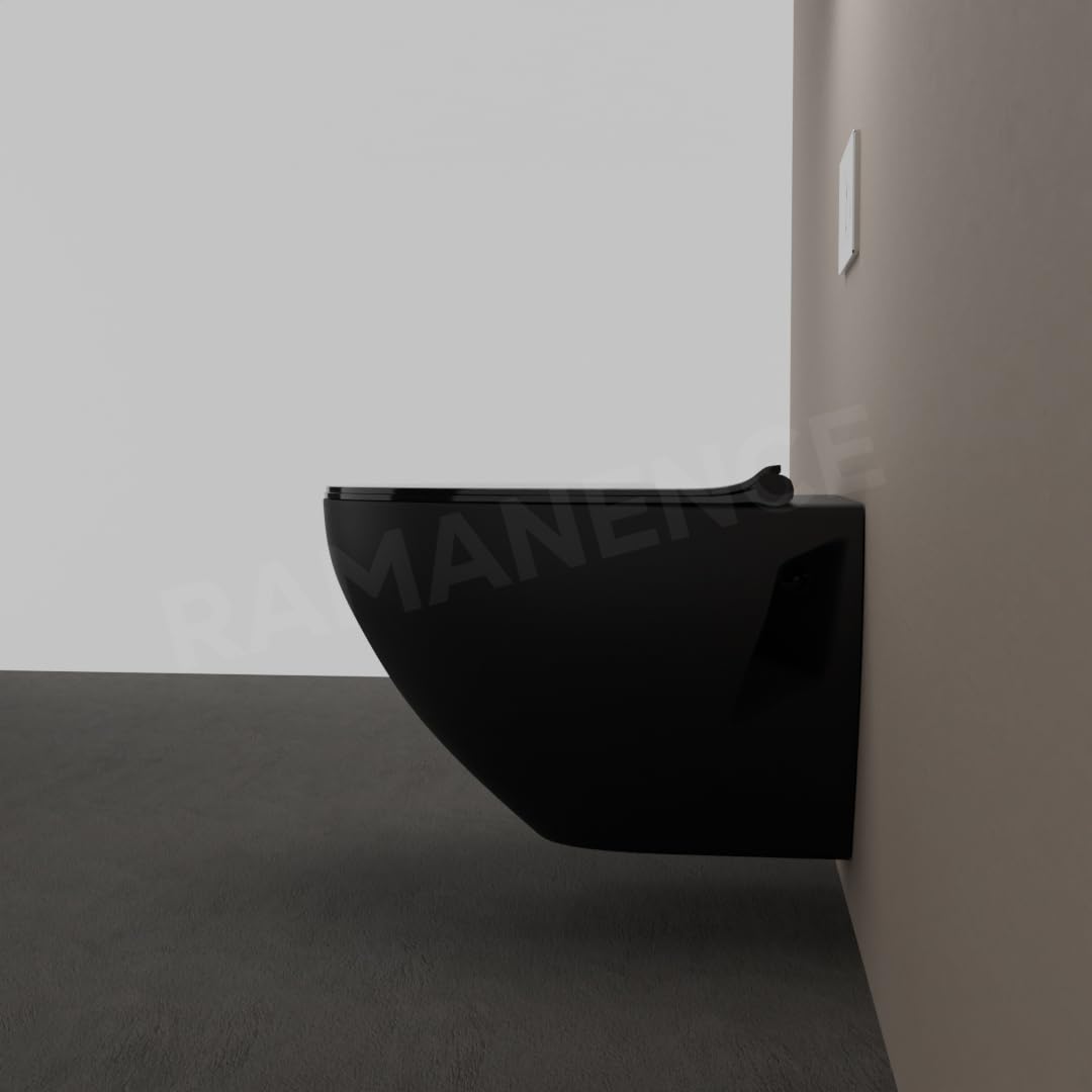 REMANENCE-CARDIFF Wall Mount Commode for Home, Restaurant, Commercial Buildings with Soft Close Seat Cover (Black)