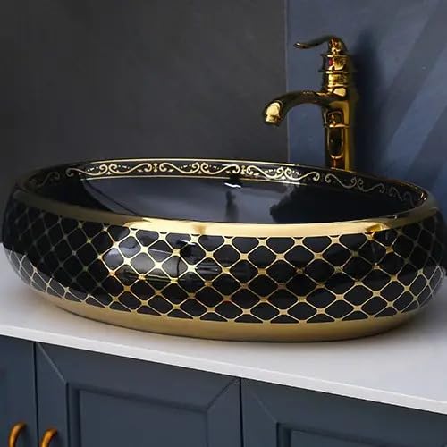 REMANENCE Premium Countertop Wash Basin for High-End Restaurants, Boutique Hotel & Resort, Gourmet Cafés (24 x 16 x 6 Inch) (Glossy Black Golden Basin-Cross Design)