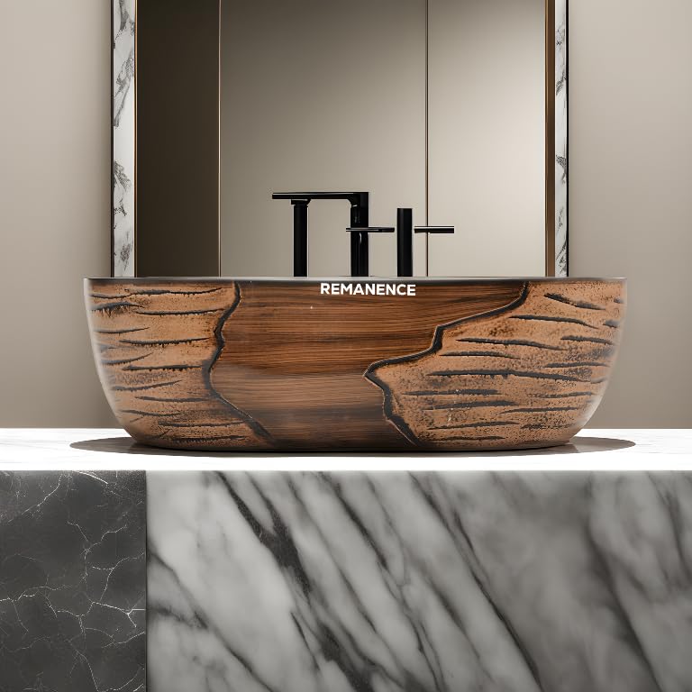 REMANENCE Premium Wooden Style Designer Table Top Wash Basin for Luxury Homes, Premium Restaurants & Cafés, Boutique Hotels & Resorts (18 x 13 x 5.5 Inch) (Wooden Style Basin 09)
