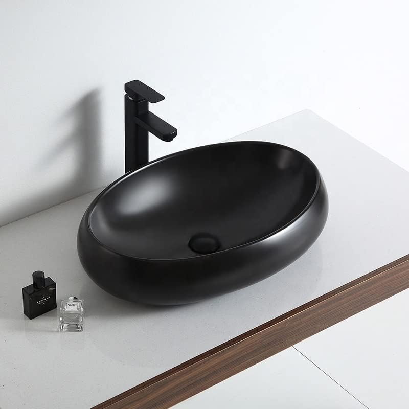 REMANENCE Ceramic Countertop Wash Basin for Designer Bathroom, Boutique Hotels, Luxury Homes (24 x 15 x 6 Inch) (Matte Black)