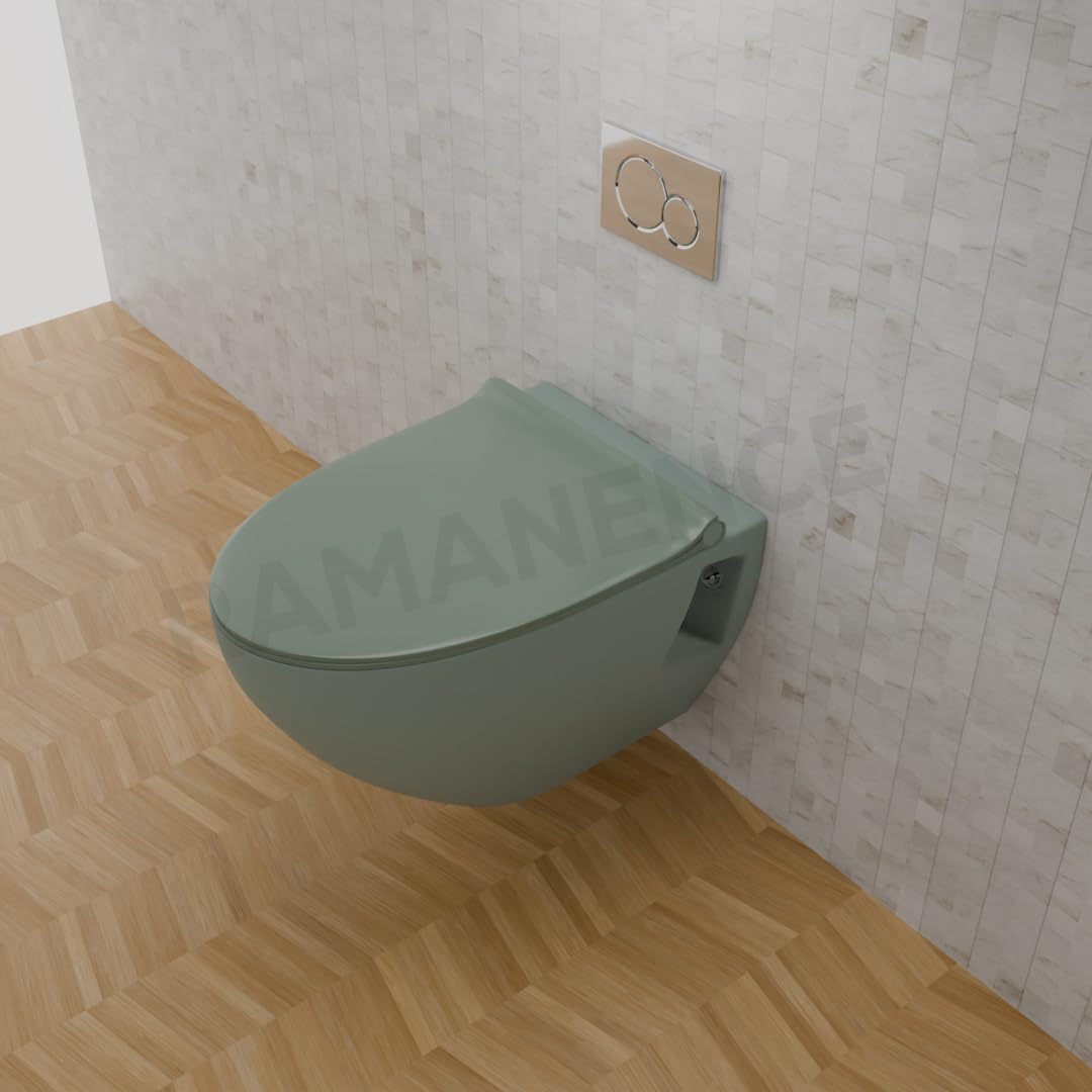 REMANENCE-CARDIFF Wall Mount Commode for Home, Restaurant, Commercial Buildings with Soft Close Seat Cover (Olive Green)