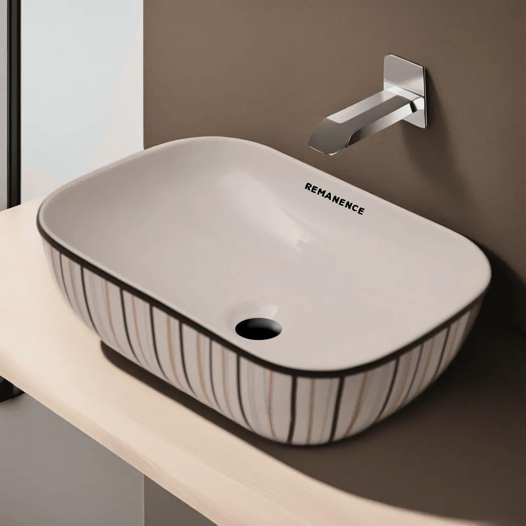 REMANENCE Premium Designer Table Top Wash Basin For Designer Bathrooms, Luxury Homes, Boutique Hotels (18 x 13 x 5.5 Inch) (AD 25 White N Multi)