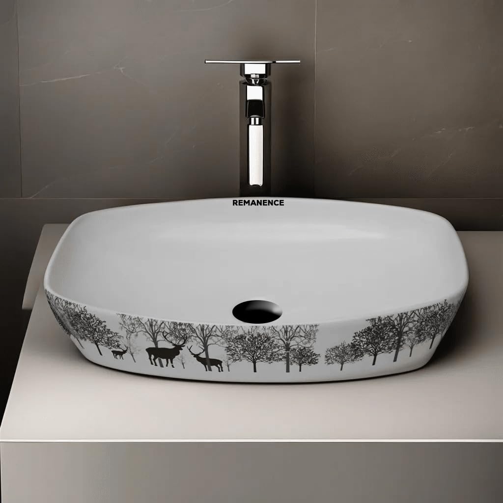 REMANENCE Designer Ceramic Table Top Wash Basin for Luxury Bathrooms, Premium Restaurants & Cafés, Boutique Hotels & Resorts, Showrooms & Offices (24 x 15 x 5 Inch) (Animal Printed)