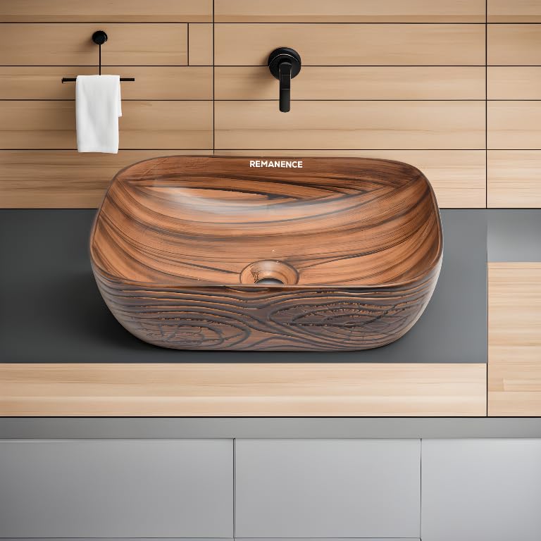 REMANENCE Premium Wooden Style Designer Table Top Wash Basin for Luxury Homes, Premium Restaurants & Cafés, Boutique Hotels & Resorts (18 x 13 x 5.5 Inch) (Wooden Style Basin 03)