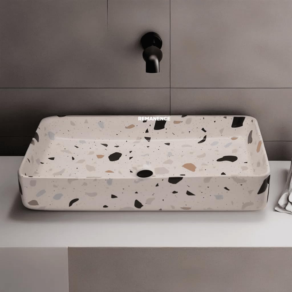 REMANENCE Designer Ceramic Table Top Wash Basin For Bathroom (24 x 14 x 5 Inch) (Designer White N Multi)