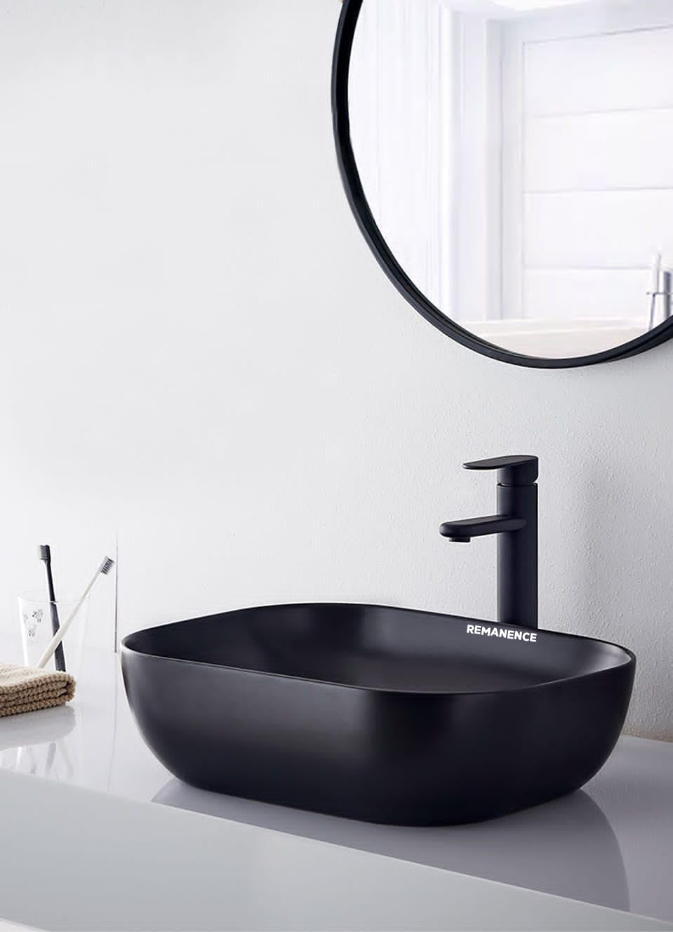 REMANENCE Premium Ceramic Countertop Wash Basin for Premium Restaurants & Cafés, Luxury Bathrooms, Showrooms & Offices (18 x 13 x 5.5 Inch) (Matte Black Wash Basin)