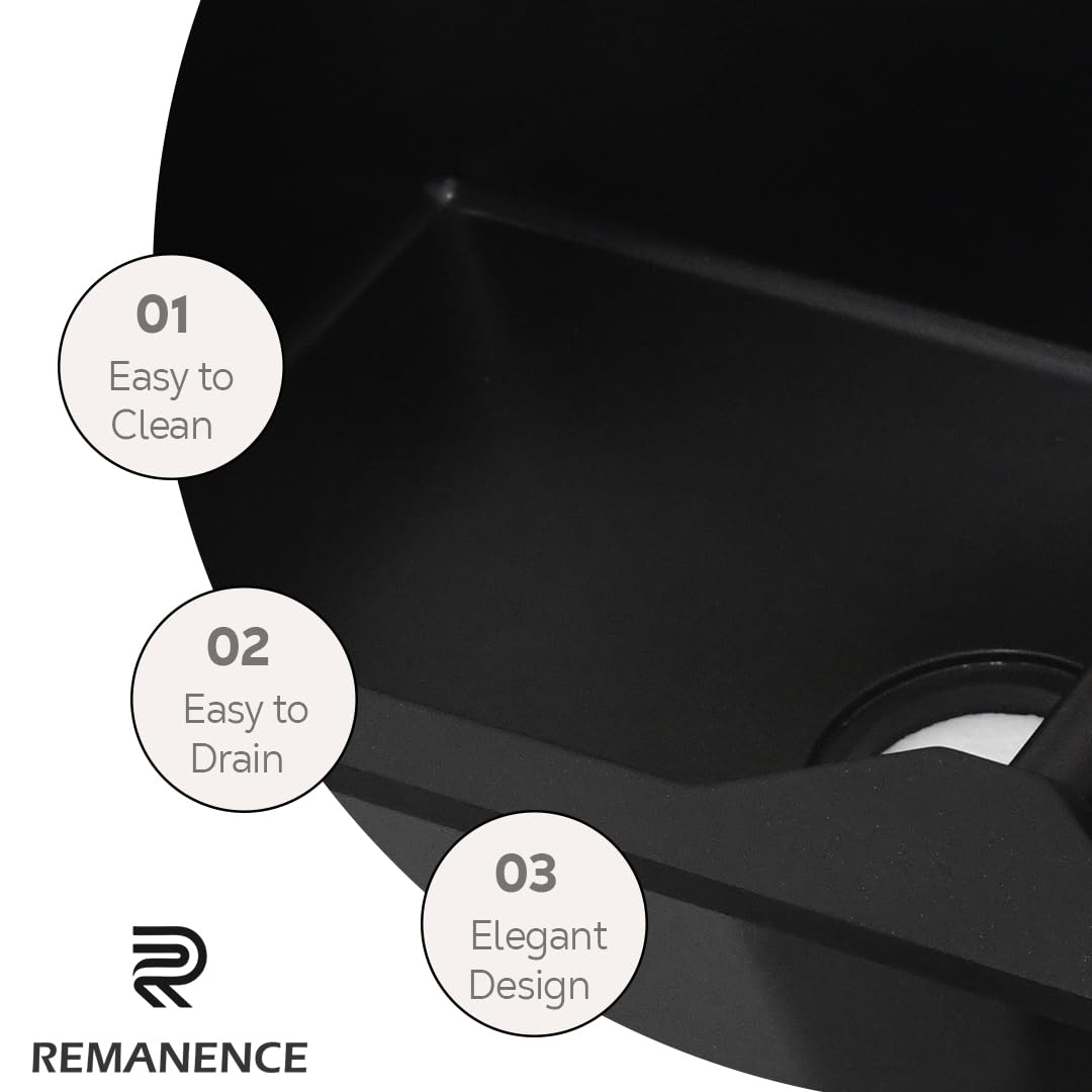 REMANENCE Granite Quartz Double Bowl Kitchen Sink With Drain Board (45 x 20 x 9 Inch) (Black)