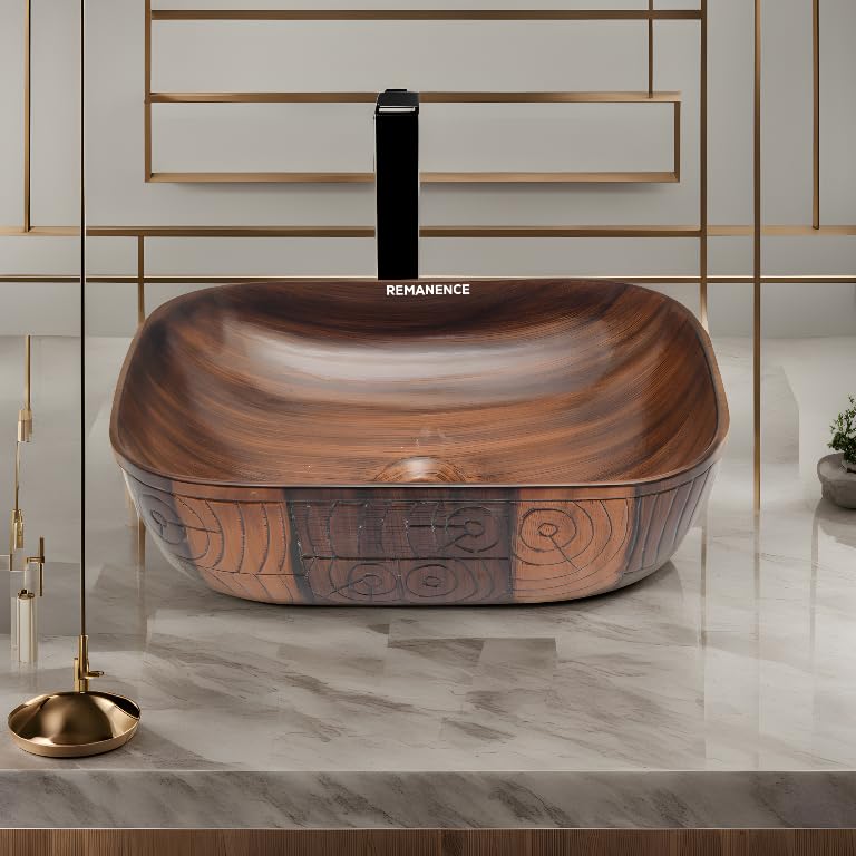 REMANENCE Premium Wooden Style Designer Table Top Wash Basin for Luxury Homes, Premium Restaurants & Cafés, Boutique Hotels & Resorts (18 x 13 x 5.5 Inch) (Wooden Style Basin 01)