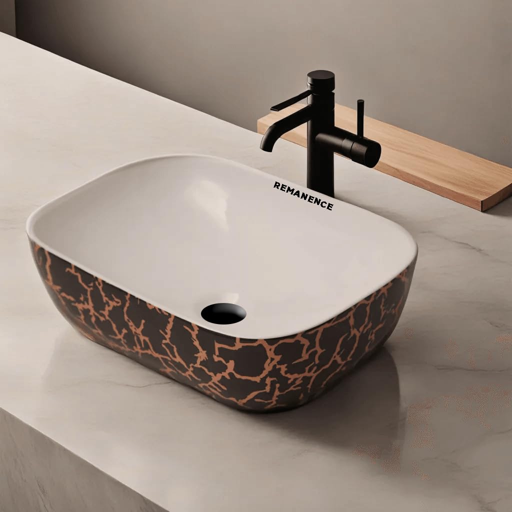 REMANENCE Premium Designer Table Top Wash Basin For Designer Bathrooms, Luxury Homes, Boutique Hotels (18 x 13 x 5.5 Inch) (AD 26 White N Black Gold)