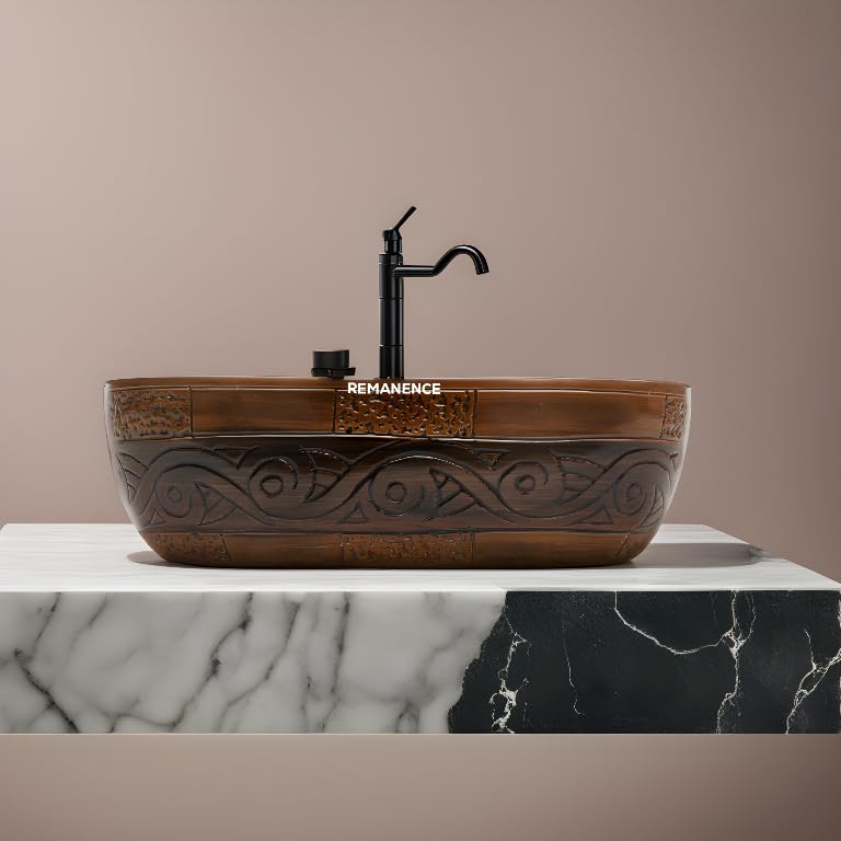 REMANENCE Premium Wooden Style Designer Table Top Wash Basin for Luxury Homes, Premium Restaurants & Cafés, Boutique Hotels & Resorts (18 x 13 x 5.5 Inch) (Wooden Style Basin 06)