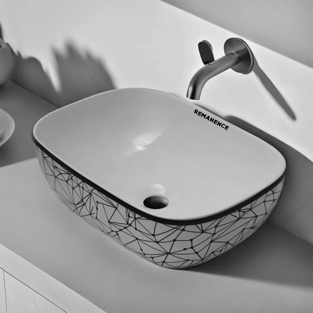 REMANENCE Premium Designer Table Top Wash Basin For Designer Bathrooms, Luxury Homes, Boutique Hotels (18 x 13 x 5.5 Inch) (AD 65 White N Black Design)