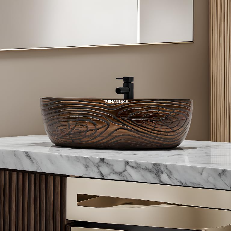 REMANENCE Premium Wooden Style Designer Table Top Wash Basin for Luxury Homes, Premium Restaurants & Cafés, Boutique Hotels & Resorts (18 x 13 x 5.5 Inch) (Wooden Style Basin 03)