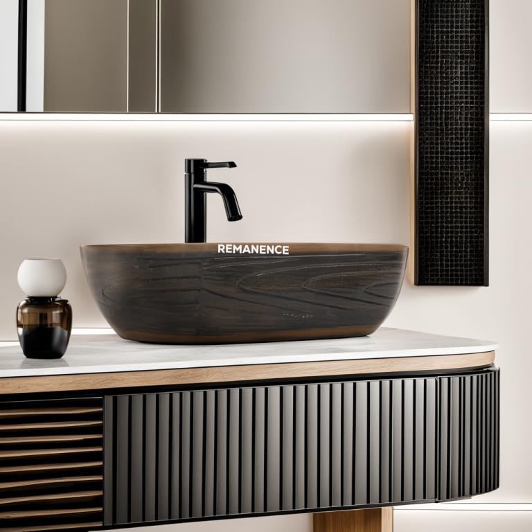 REMANENCE Premium Wooden Style Designer Table Top Wash Basin for Luxury Homes, Premium Restaurants & Cafés, Boutique Hotels & Resorts (18 x 13 x 5.5 Inch) (Wooden Style Basin 08)