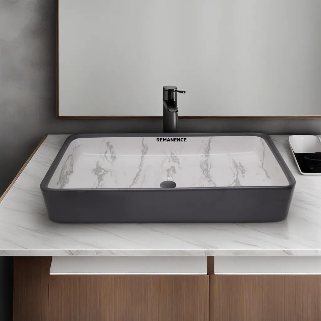 REMANENCE Designer Ceramic Table Top Wash Basin For Bathroom (24 x 14 x 5 Inch) (White Black Stripe Inside SL 55)