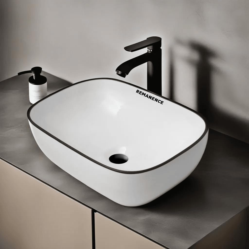REMANENCE Premium Designer Table Top Wash Basin For Designer Bathrooms, Luxury Homes, Boutique Hotels (18 x 13 x 5.5 Inch) (AD 69 Plain White Black Line Tip)
