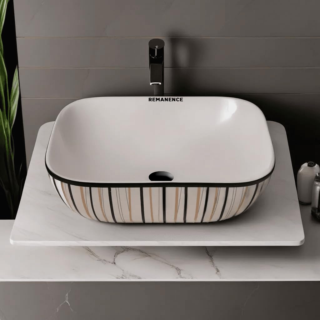 REMANENCE Premium Designer Table Top Wash Basin For Designer Bathrooms, Luxury Homes, Boutique Hotels (18 x 13 x 5.5 Inch) (AD 25 White N Multi)