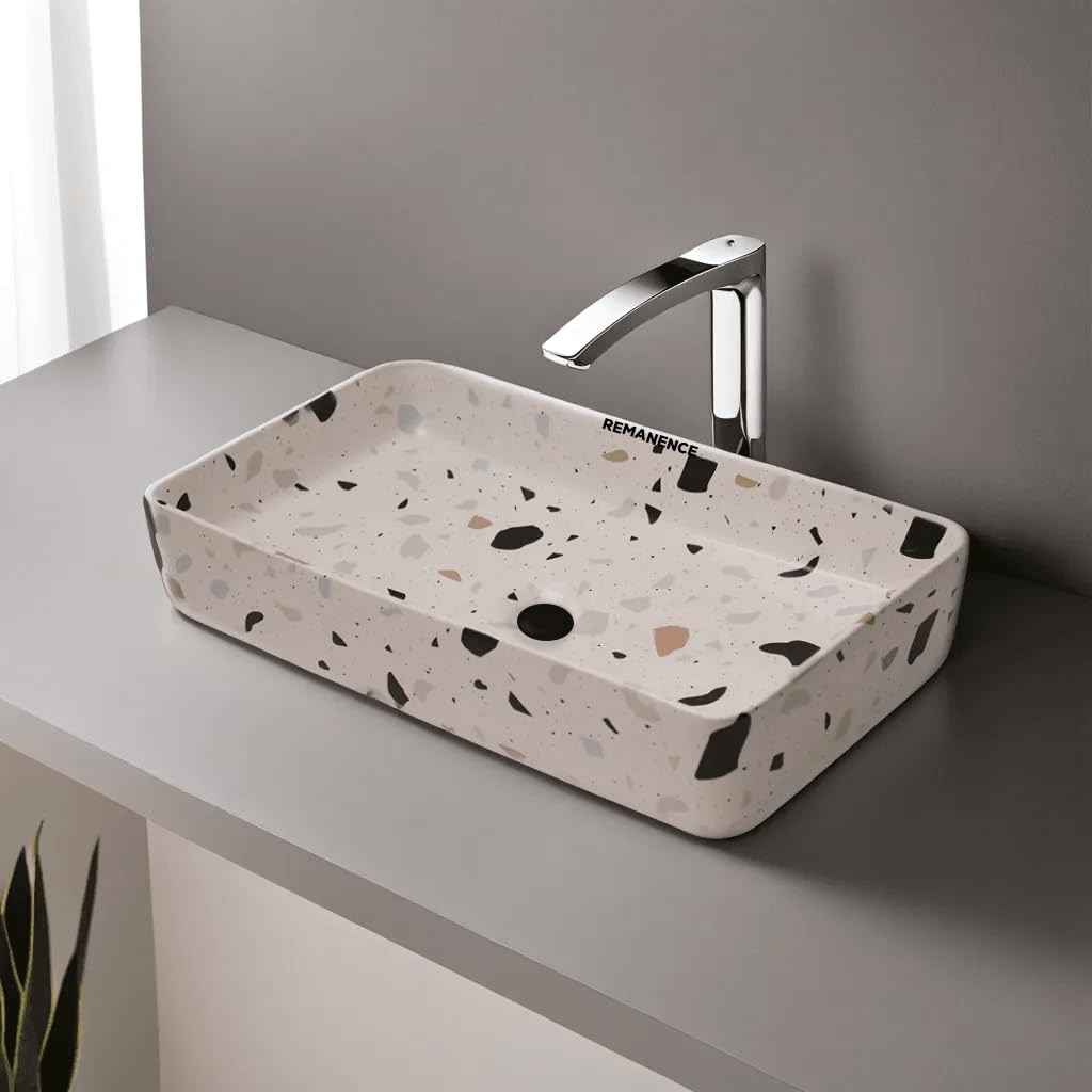 REMANENCE Designer Ceramic Table Top Wash Basin For Bathroom (24 x 14 x 5 Inch) (Designer White N Multi)