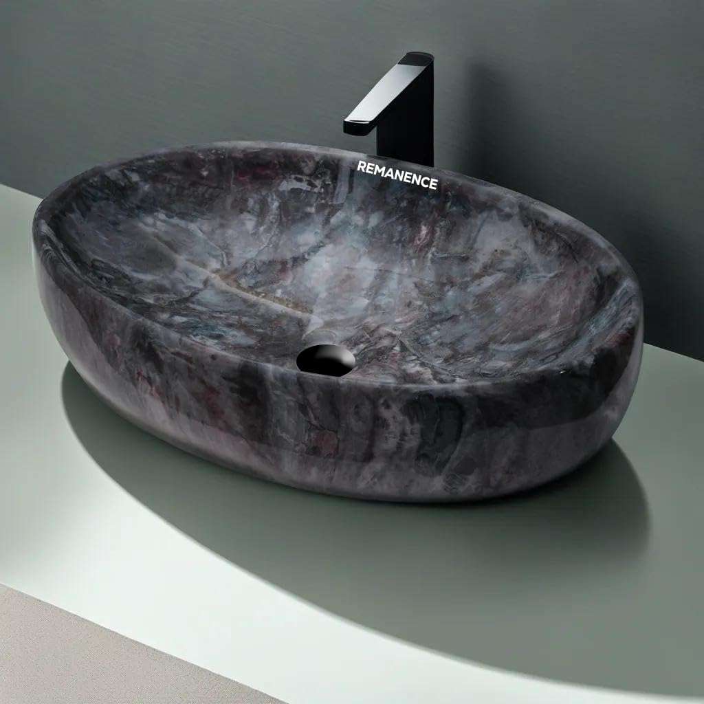 REMANENCE Ceramic Countertop Wash Basin for Designer Bathroom, Boutique Hotels, Luxury Homes (24 x 15 x 6 Inch) (Marble Navy Blue)