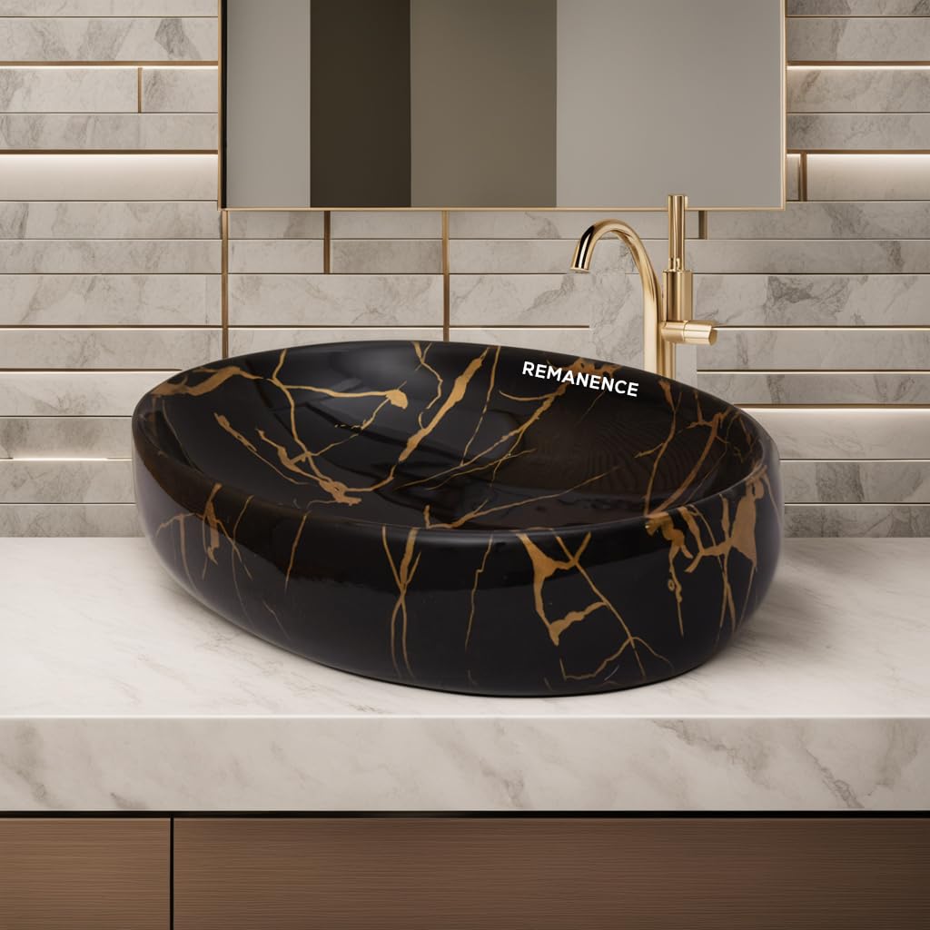 REMANENCE Ceramic Countertop Wash Basin for Designer Bathroom, Boutique Hotels, Luxury Homes (24 x 15 x 6 Inch) (Black N Gold Jelly)