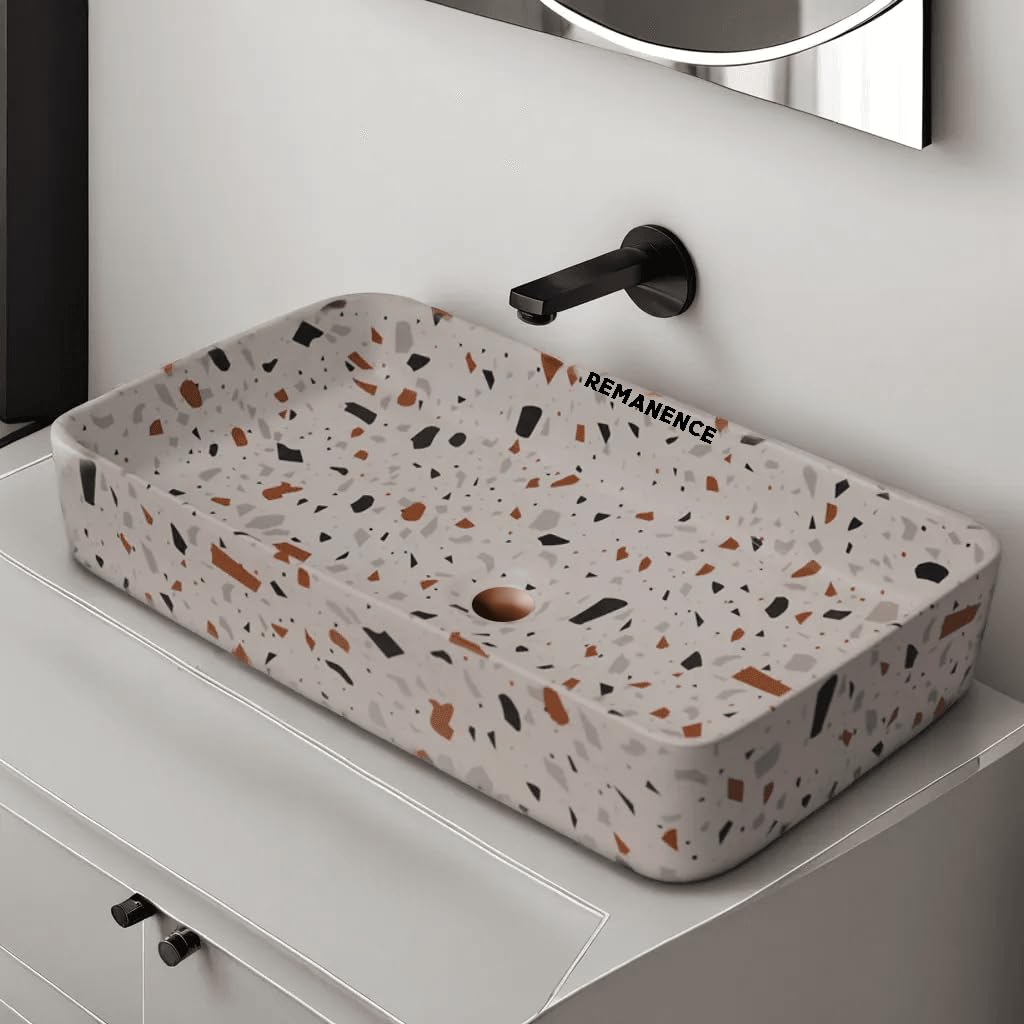 REMANENCE Designer Ceramic Table Top Wash Basin For Bathroom (24 x 14 x 5 Inch) (White N GoldYellow)