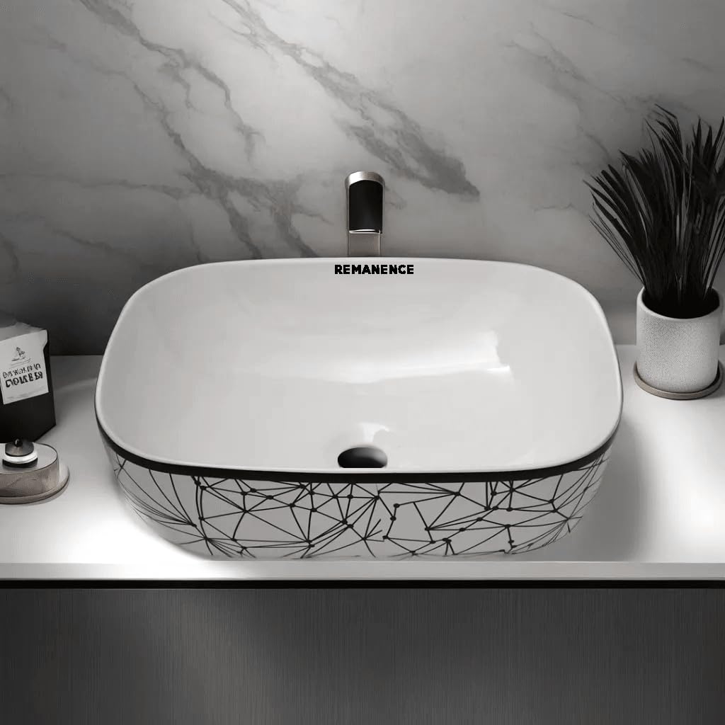 REMANENCE Premium Designer Table Top Wash Basin For Designer Bathrooms, Luxury Homes, Boutique Hotels (18 x 13 x 5.5 Inch) (AD 65 White N Black Design)
