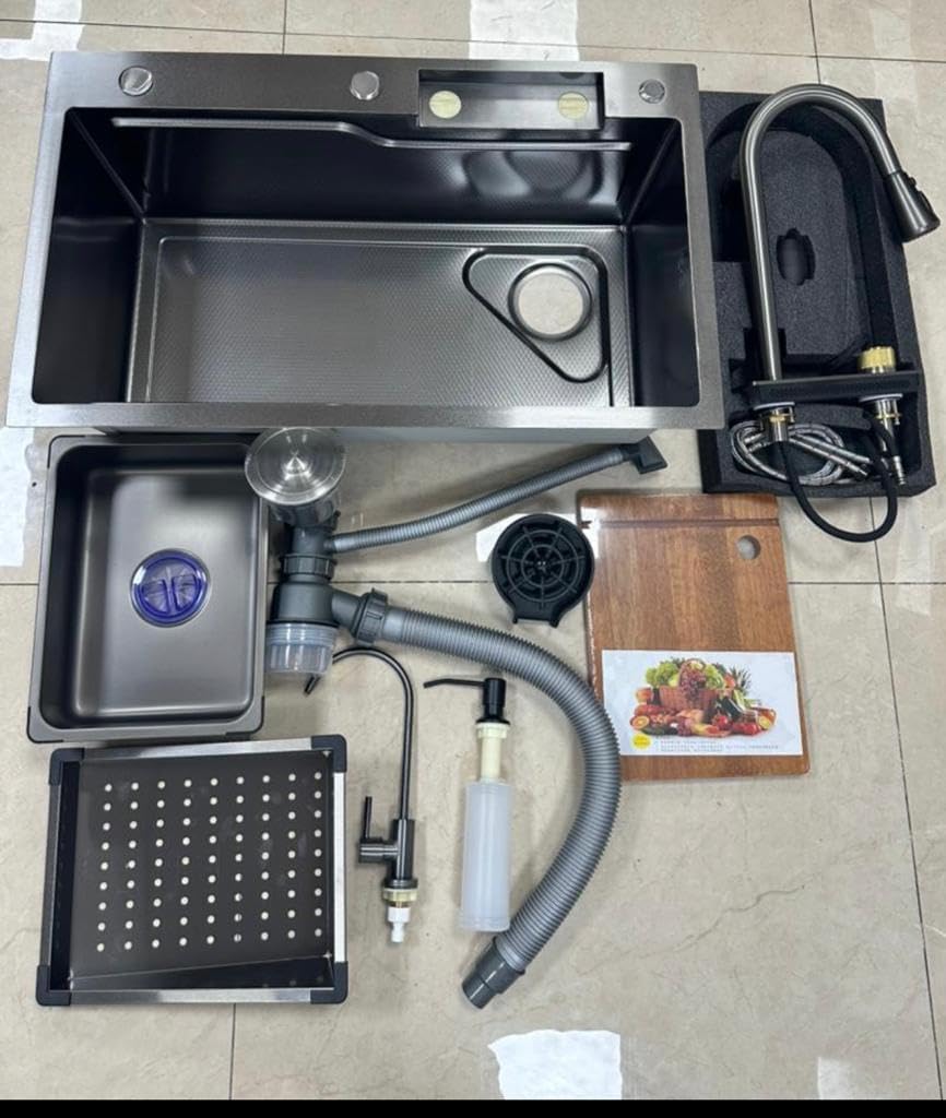 REMANENCE Modular Waterfall Kitchen Sink with Anti Scratch Honeycomb Design, Integrated and Pull-Down Faucet Set/304 Grade Stainless Steel Sink with Cup washer and Drain Baskets (30 x 18 x 9 inch)