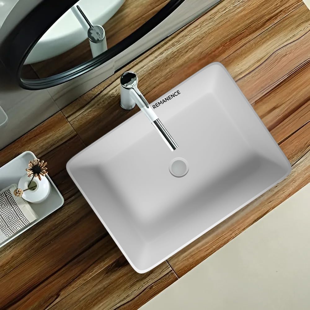 REMANENCE Granite Quartz Countertop Wash Basin (18 X 13 X 5.5 Inch) (Matte White)
