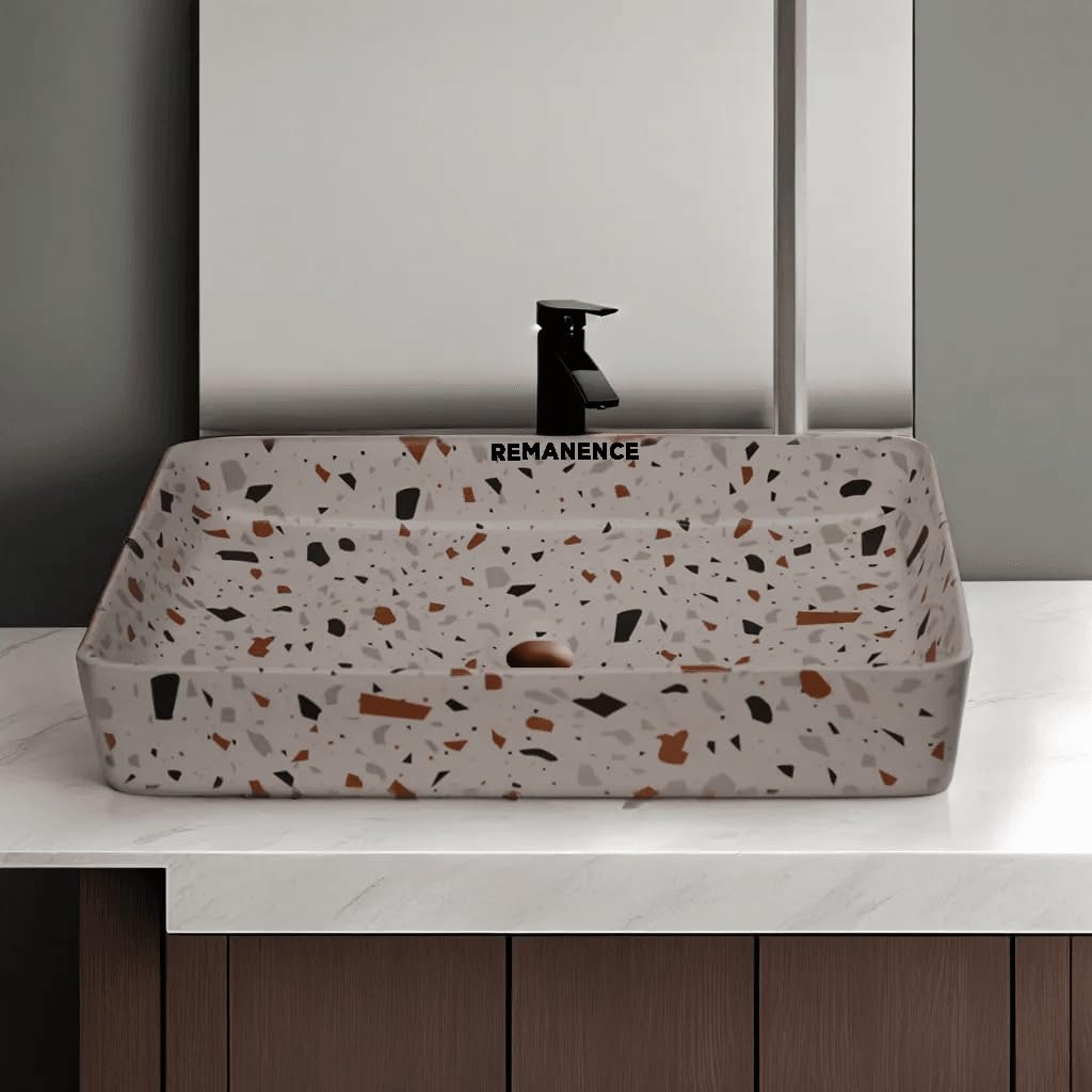 REMANENCE Designer Ceramic Table Top Wash Basin For Bathroom (24 x 14 x 5 Inch) (White N GoldYellow)