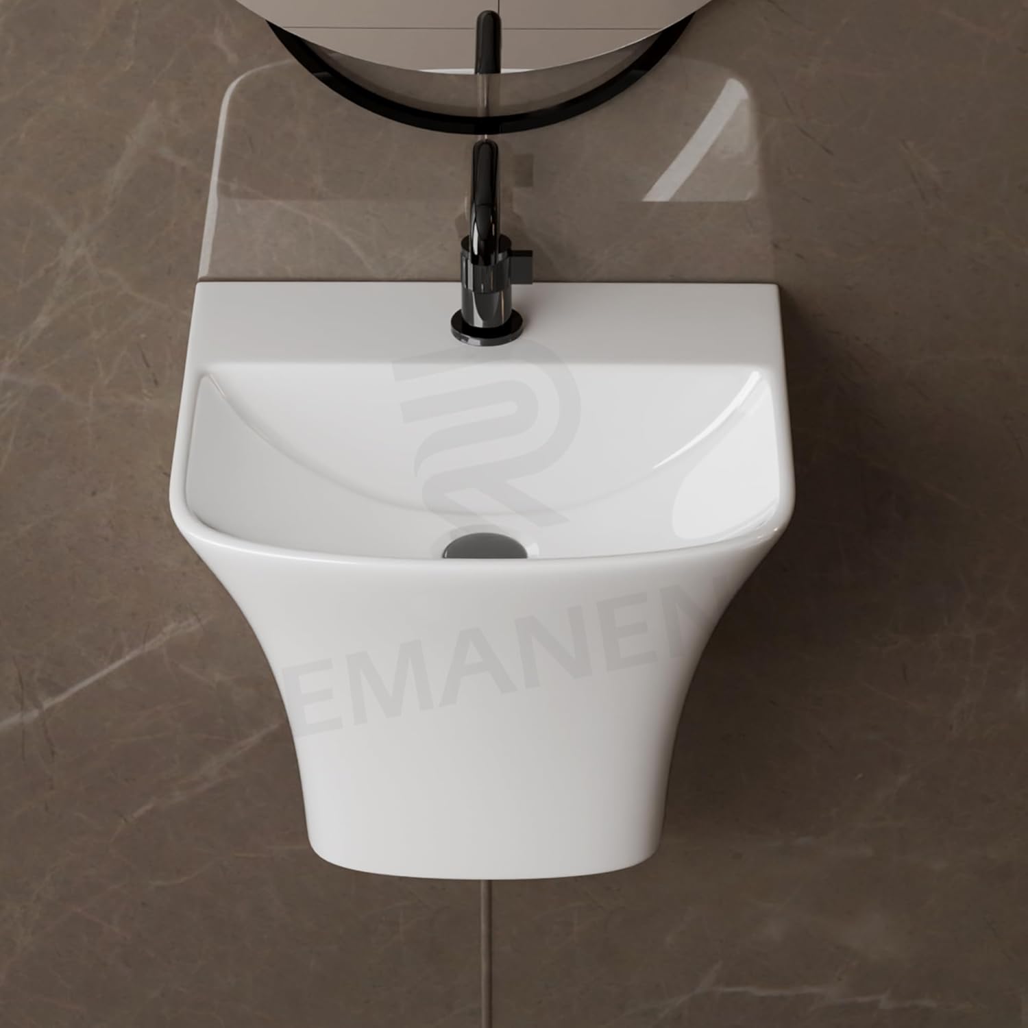 REMANENCE-RION Luxury Wall Mount Half Pedestal Wash Basin for Bathroom, Restaurant, Hotels (Glossy White)